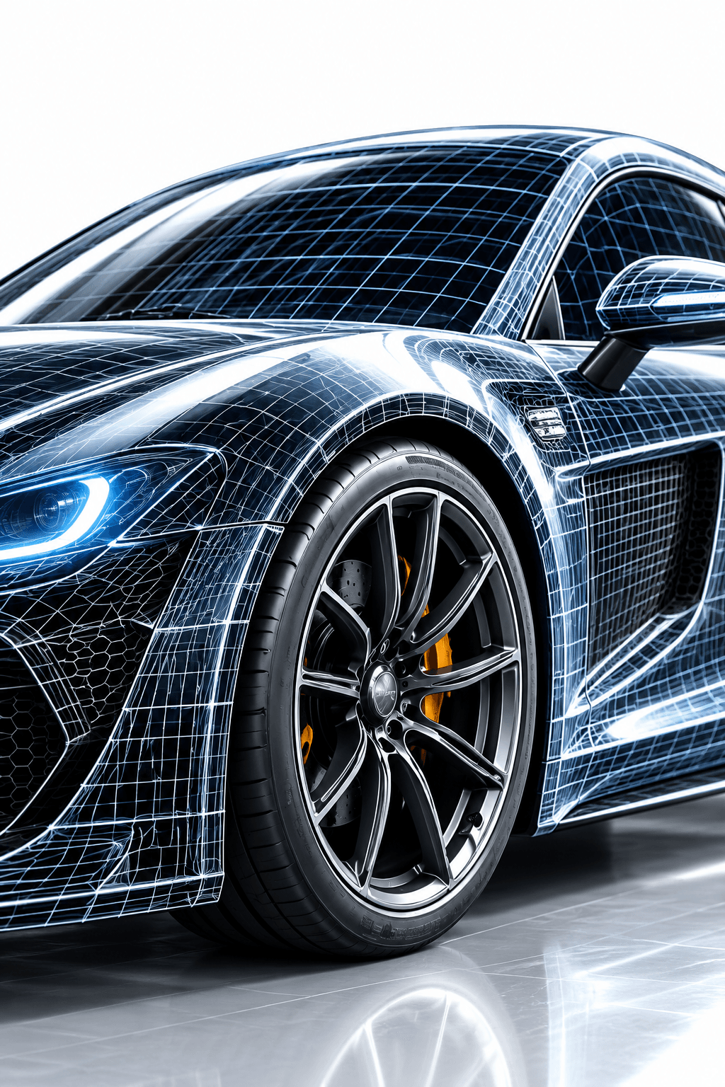 Wireframe sports car front wheel detail